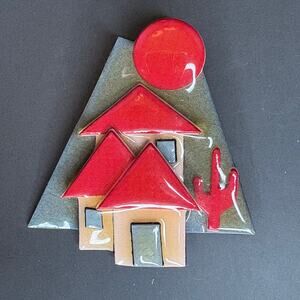 Lucinda House Pin Red Roof Houses Green Background Large 2.75"